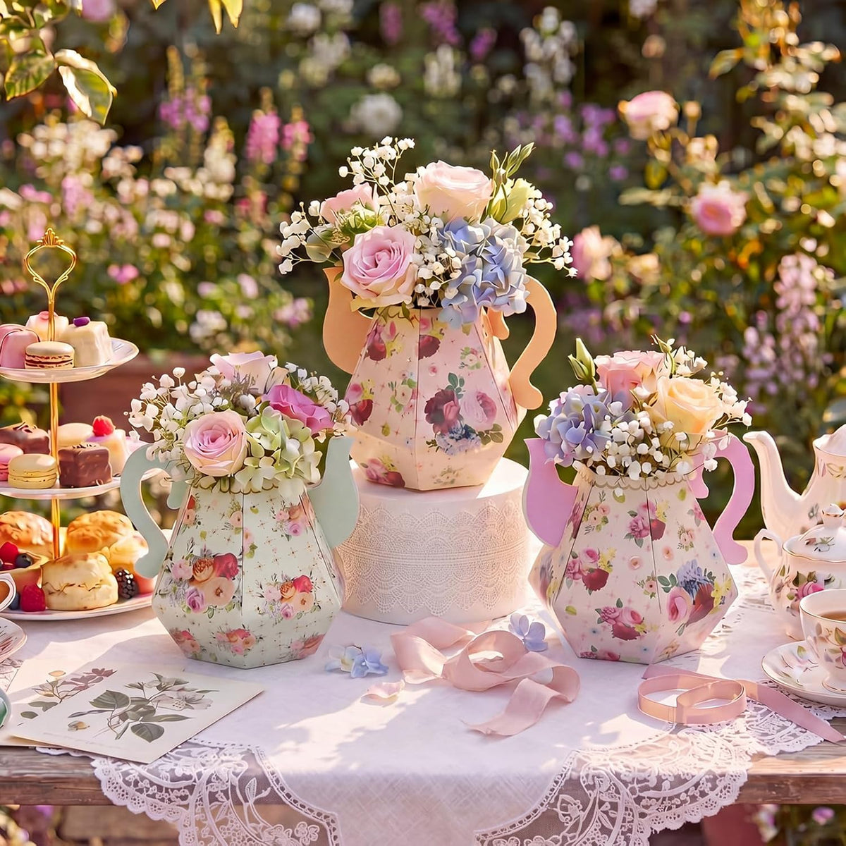 Fulmoon 6 Pcs Tea Party Decoration Flower Box Table Teapot - 6 / Rose Red Series