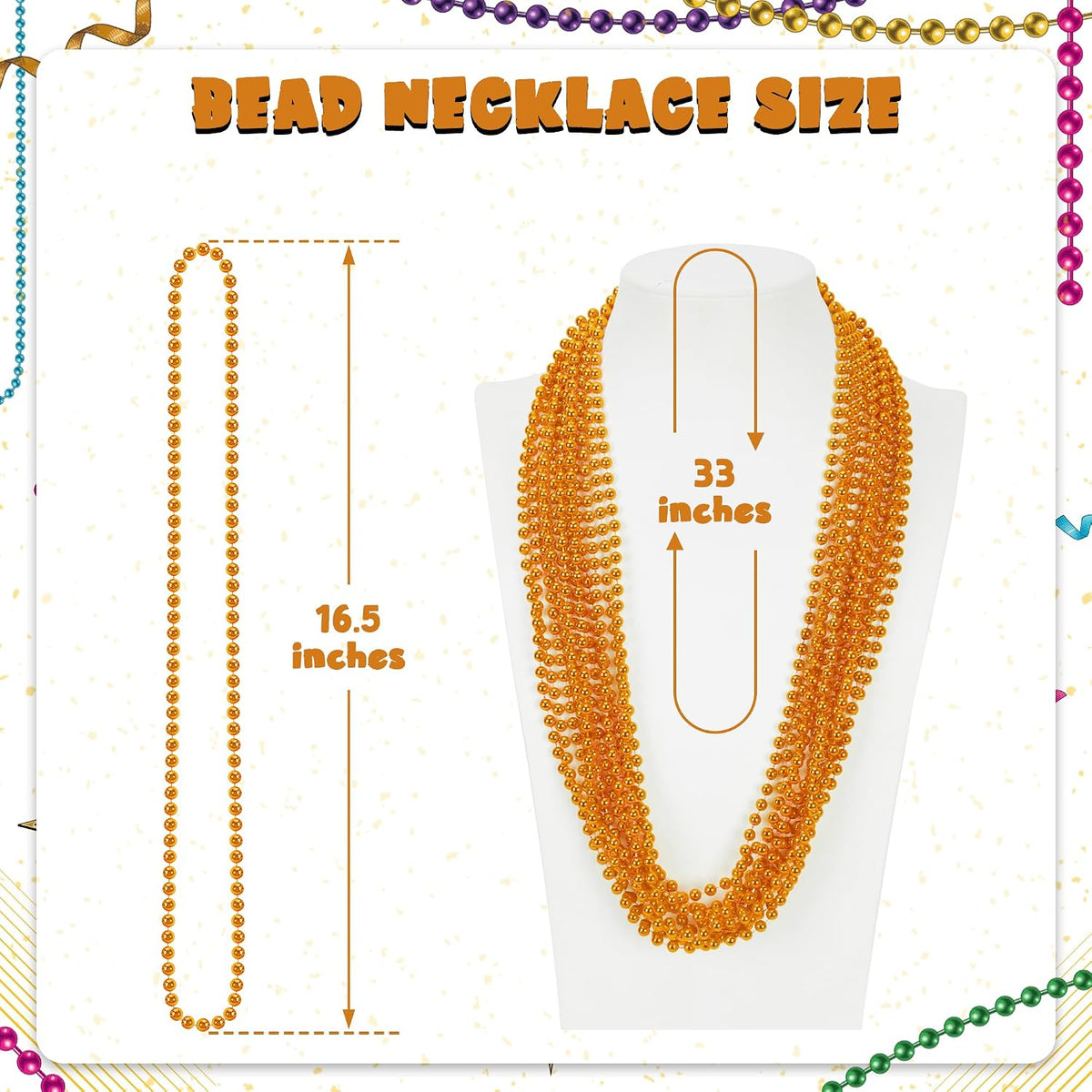 Huskein Bead Necklace, 33" Colorful Mardi Gras Beads Necklaces - Orange / 120 - image 2