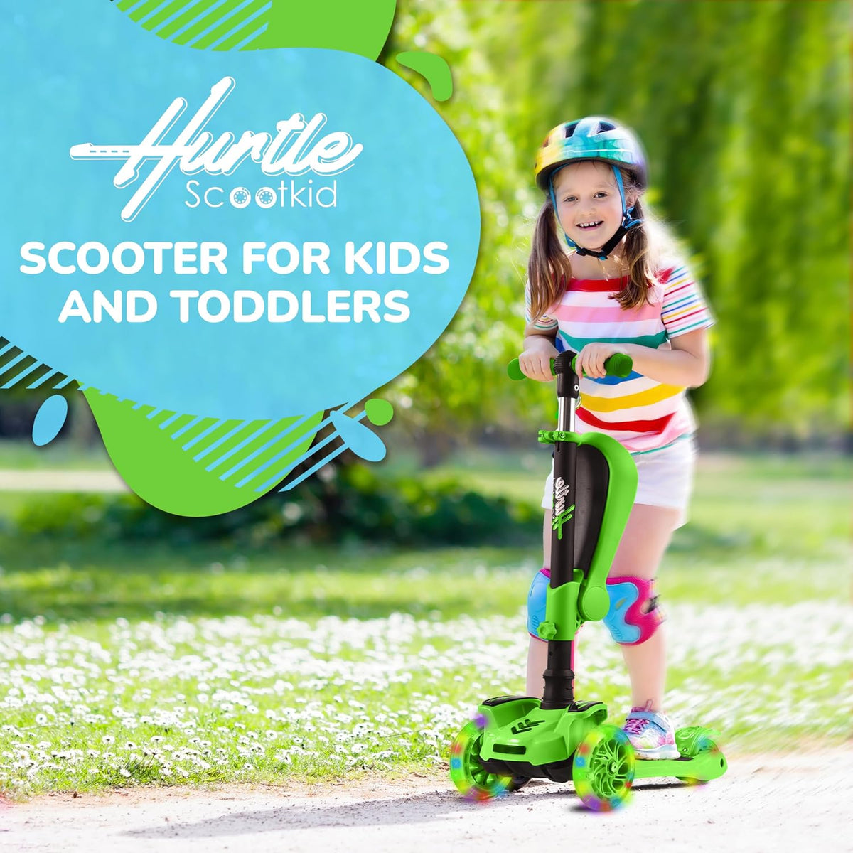 Hurtle 3-Wheeled Scooter for Kids, Wheel LED Lights - Green - image 3