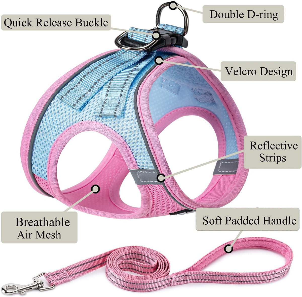 Dog Harness with Leash Set, Step-in Adjustable Puppy Pet Vest - Pink Green / L(Chest:18"-20") - image 2