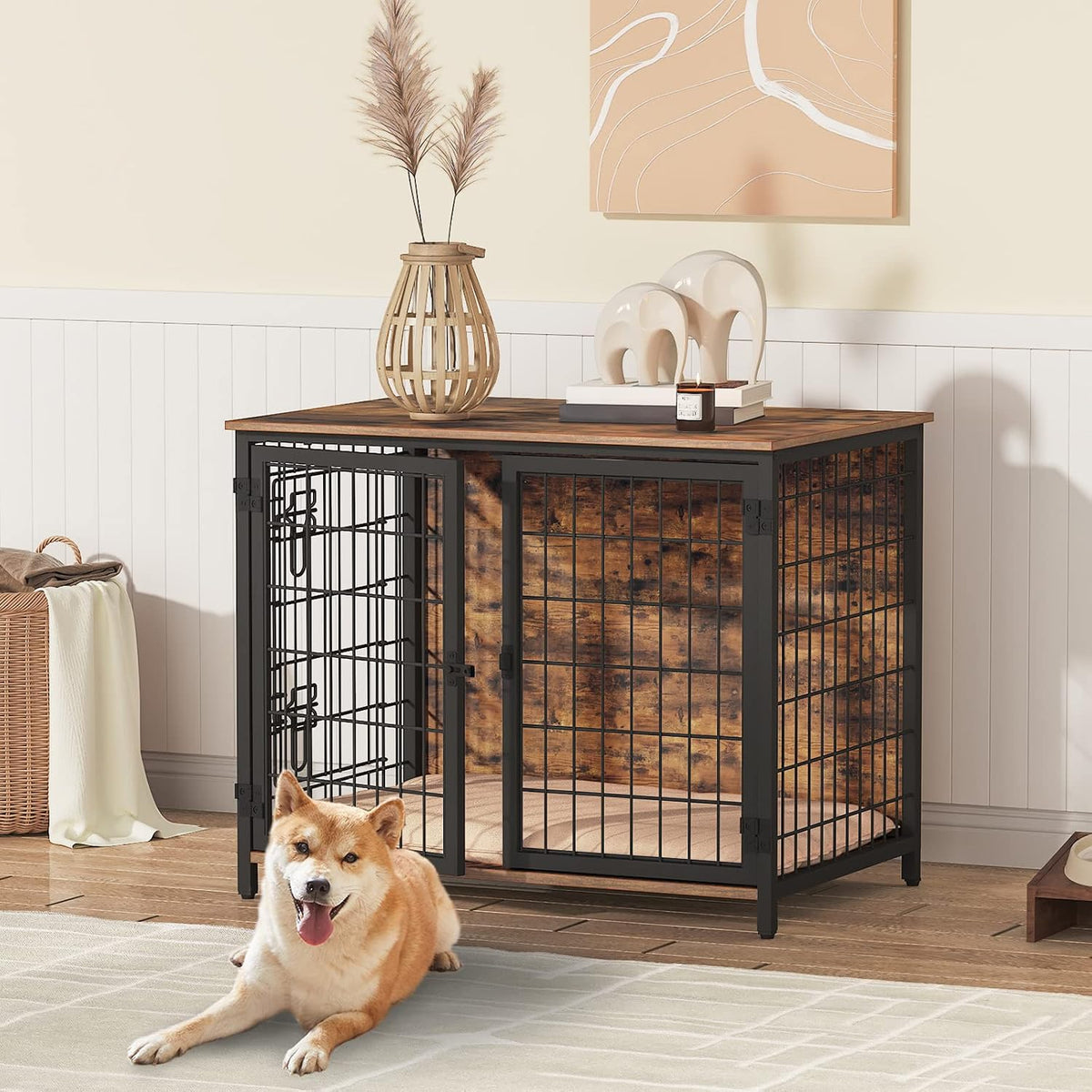 MAHANCRIS Dog Crate Furniture with Cushion - 31.5"L x 21.7"W x 25.6"H / Rustic Brown