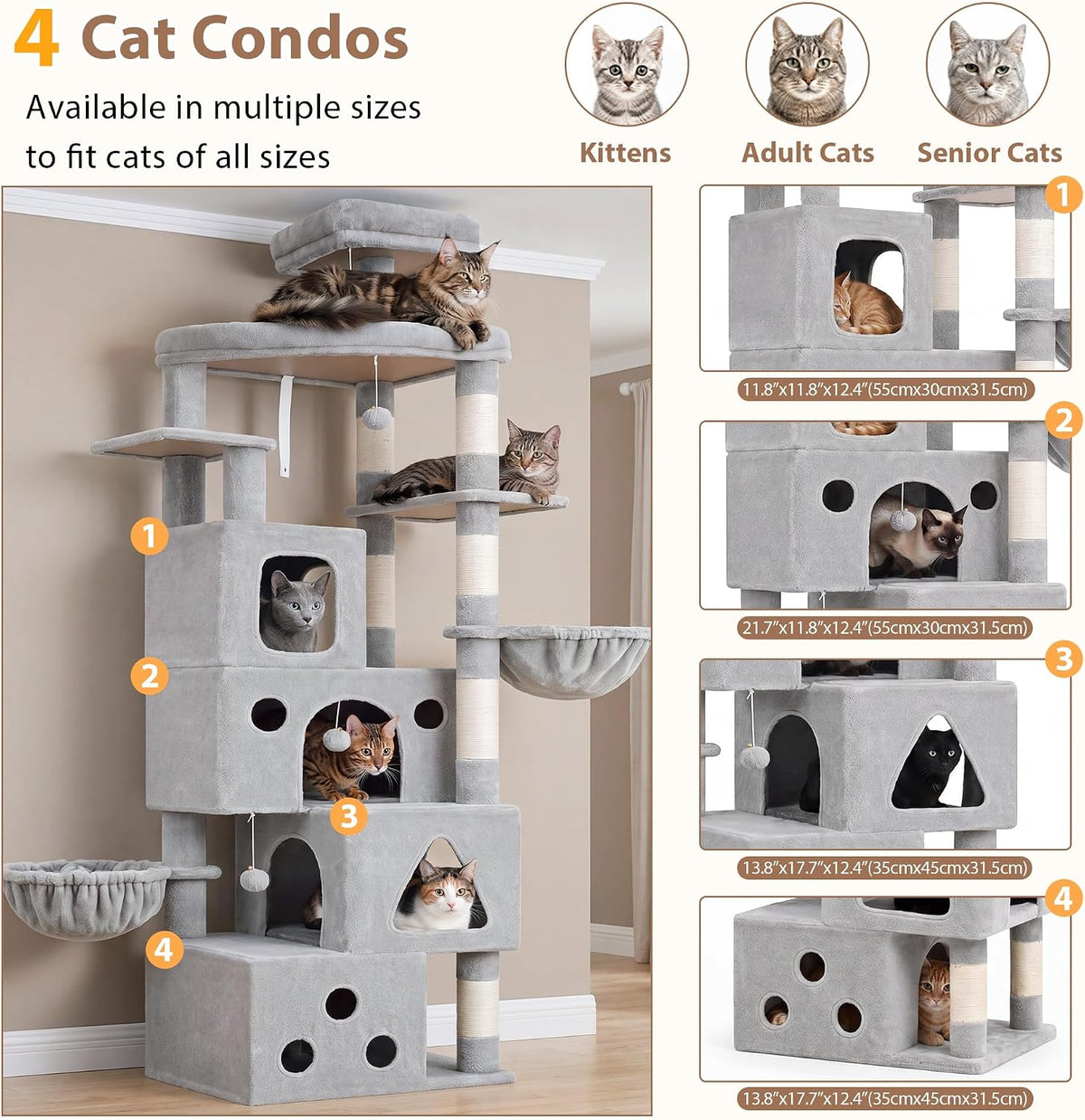 Cat Tree Tower 42'' with Condo, Indoor Scratching Post GCT005SG – Essentials for Cats - Light gray / 78.7 inch - image 2