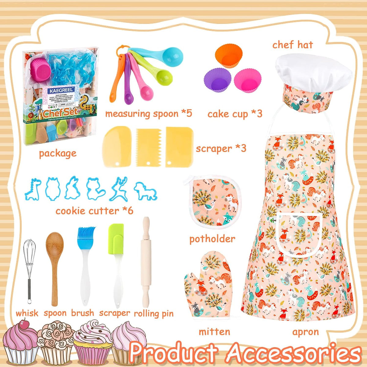 KAEGREEL Kids Baking Chef Set with Unicorn Apron and Mitt - 3 Animal Apron +6 Animal Model Cookie Cutters - image 3