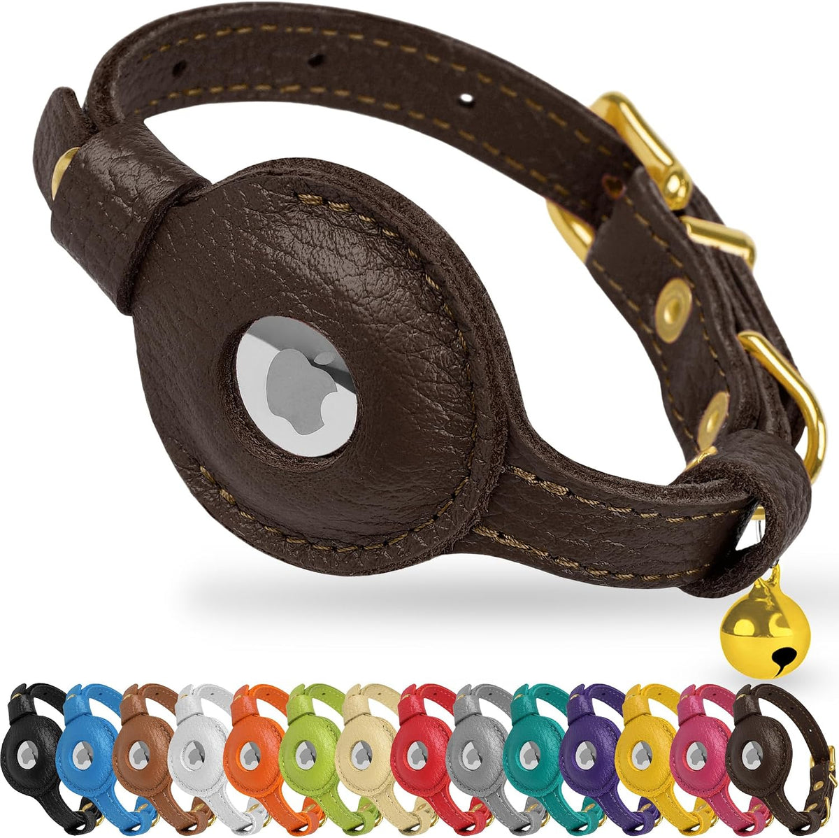 OOPSDOGGY Leather AirTag Cat Collar with Bell - Dark Brown