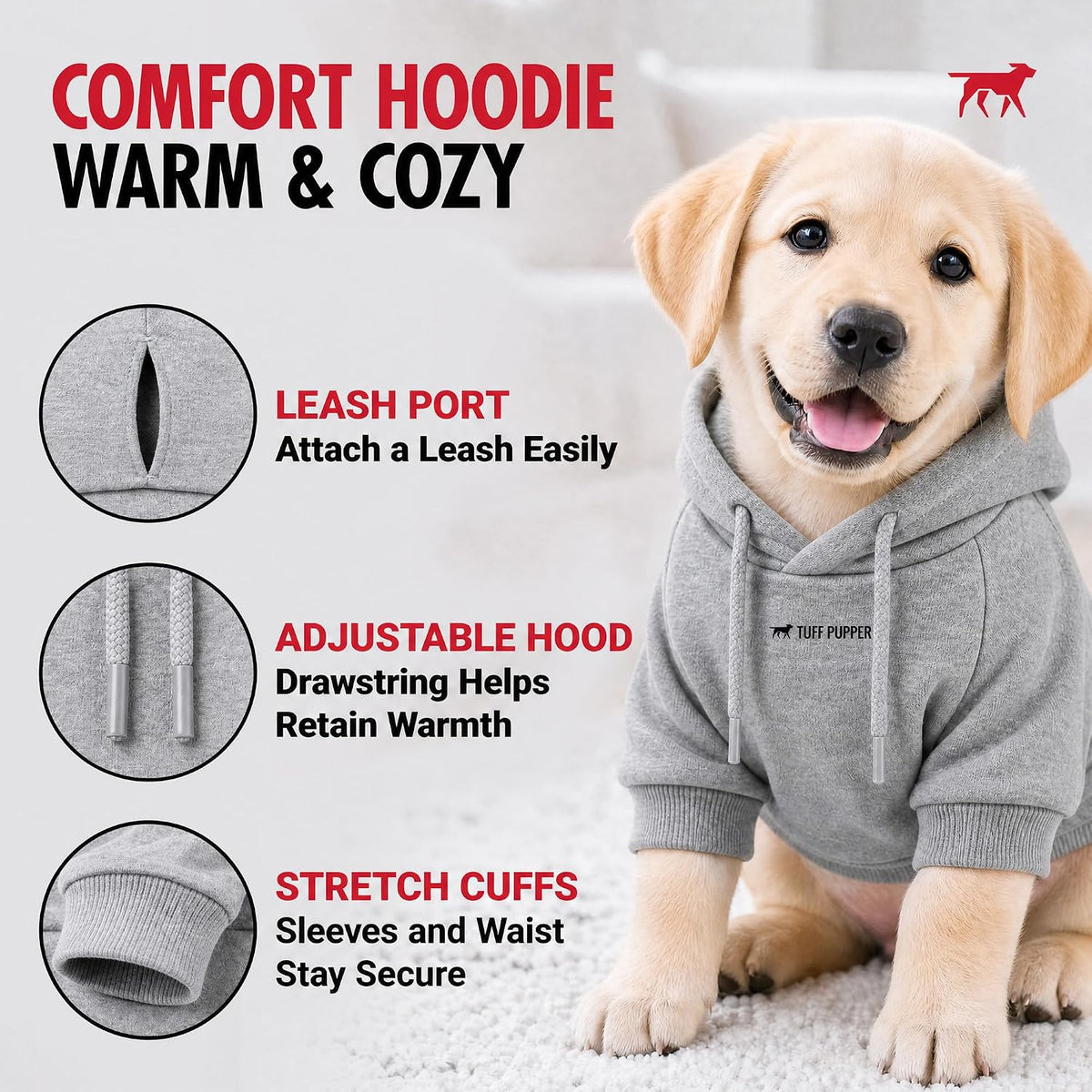 Tuff Pupper Dog Hoodie, Premium Quality Insulated Fabric - Heather Grey / Small (15-25 lbs) - image 3