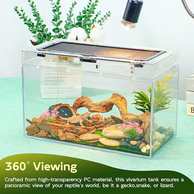 16×10×8'' Reptile Tank Kit with Heat Lamp, Spray Bottle, Shovel, Tweezers, Food Bowl, Hideout -Perfect for Geckos, Bearded Dragons, Snakes, Lizards, Turtles 360° Viewing, PC Glass