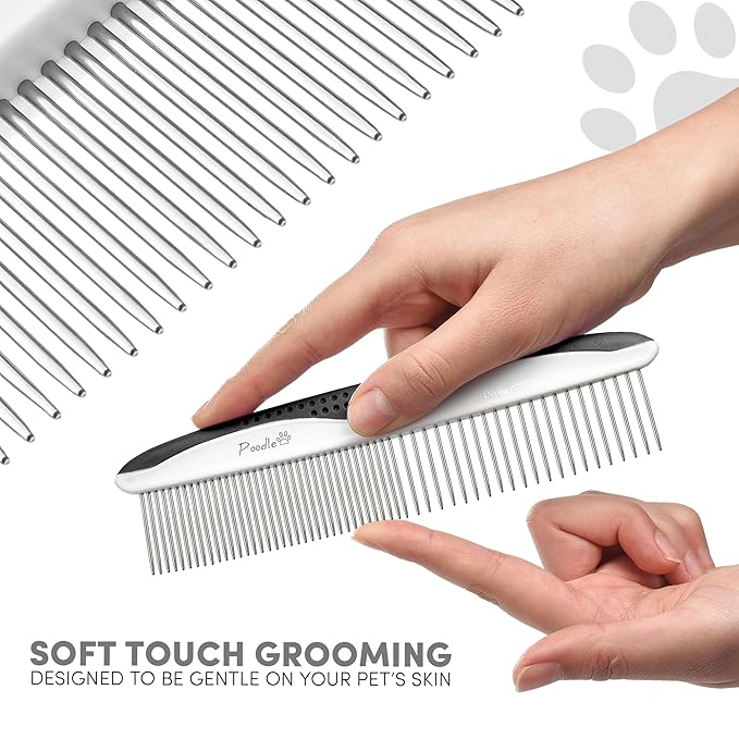 Poodle Pet Dog Combs for Grooming | 2 Pack | Stainless Steel Teeth Easily Remove Dirt | Proper Care Prevents Knots and Mats for Long and Short Haired Pets | Anti-Slip Comfort Grip Handle (Black)