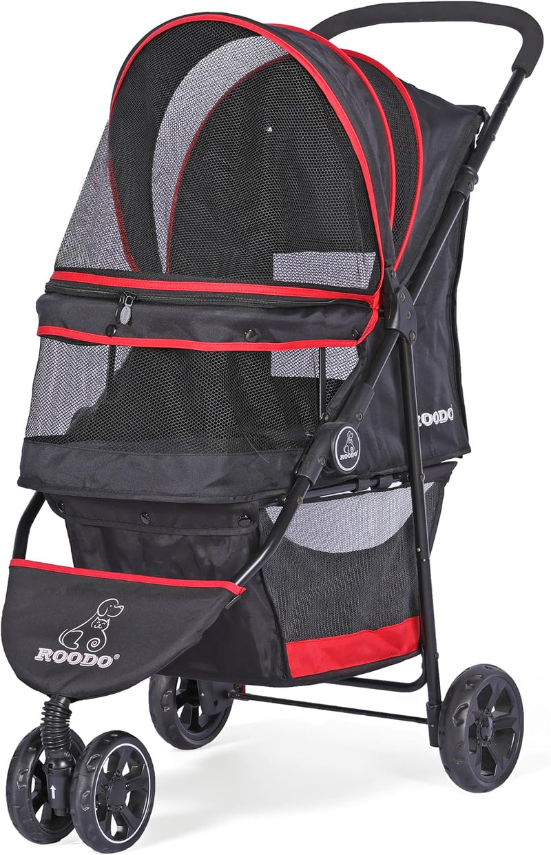 ROODO Escort 3 Wheel Dog Cat Pet Stroller for Small/Medium Dogs Cats - Black/red / 33x37 Inch (Pack of 1)