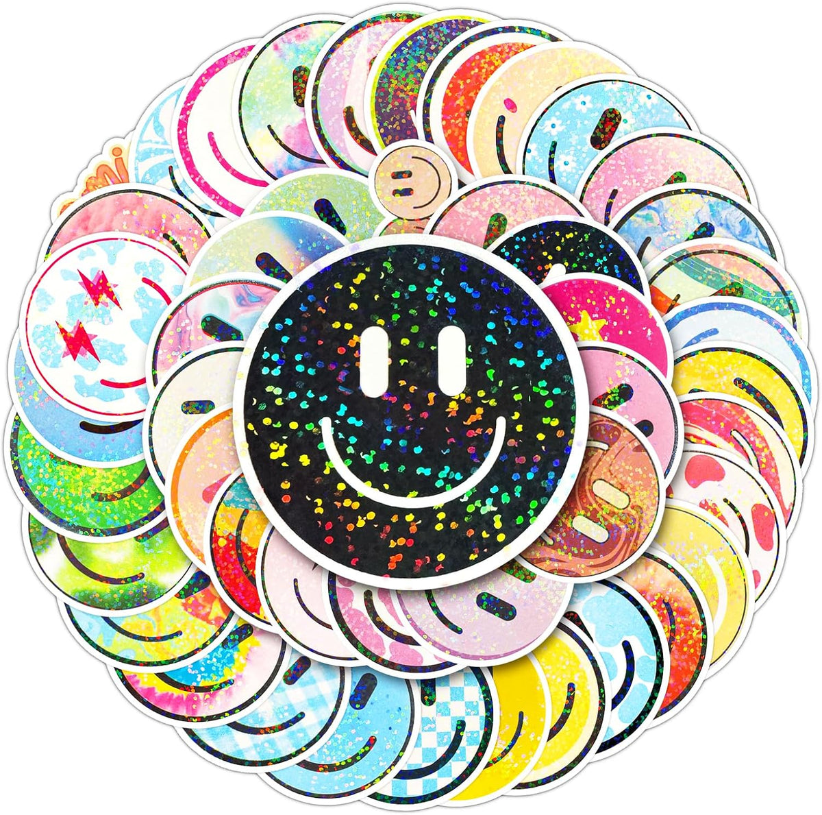 50PCS Smile Face Stickers Cute Water Bottle Stickers for Kids – Fun for Kids & Family - 50pcs Glitter Stickers