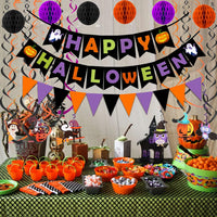 Fecedy Happy Halloween Banner Triangular bunting Paper flower fans - Halloween,black,orange,purple - image 3