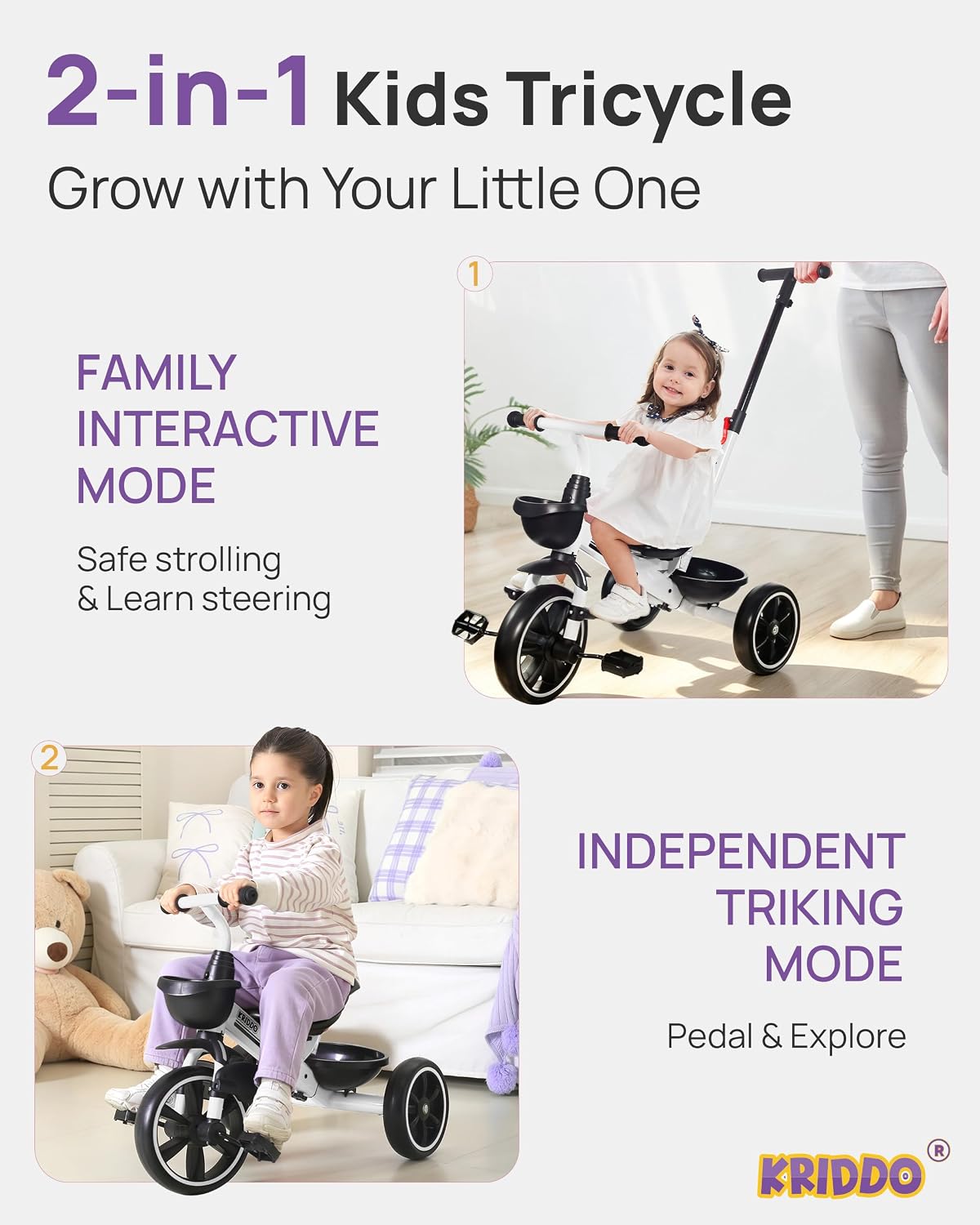 KRIDDO 2-in-1 Toddler Tricycle with Push Handle: Ages 18 Months to 5 - White - image 3