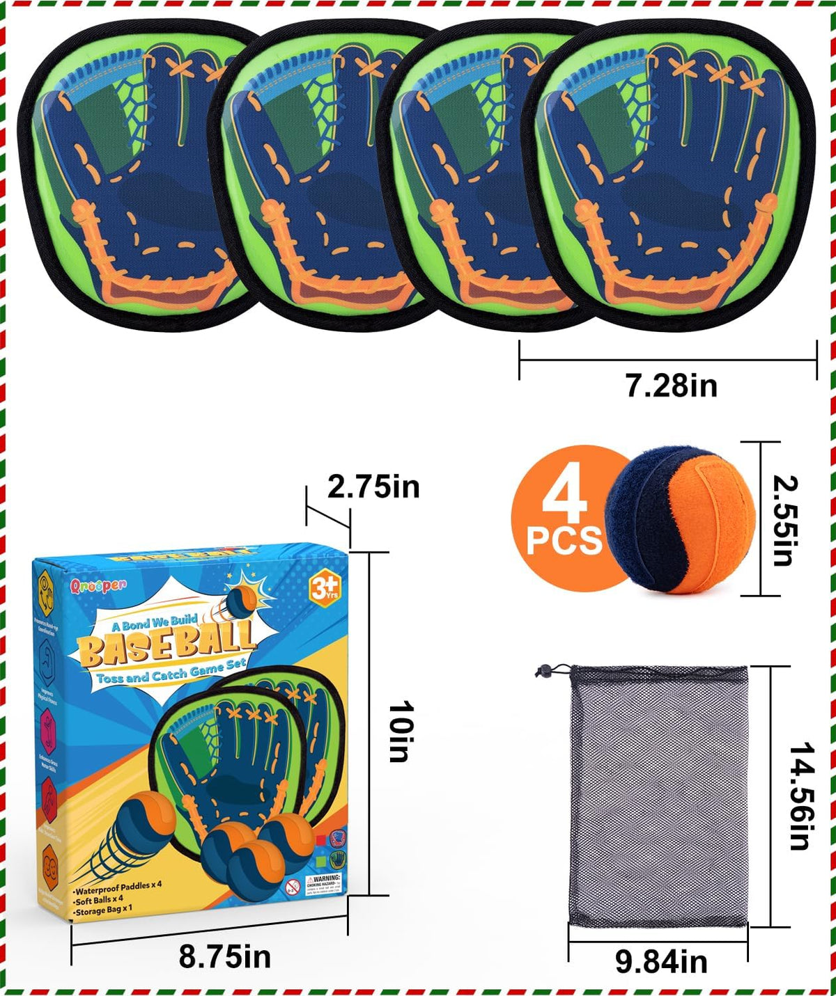 Toss and Catch Game with Soft Balls & Sticky Baseball Gloves - Green / 4 paddles 4 balls - image 2