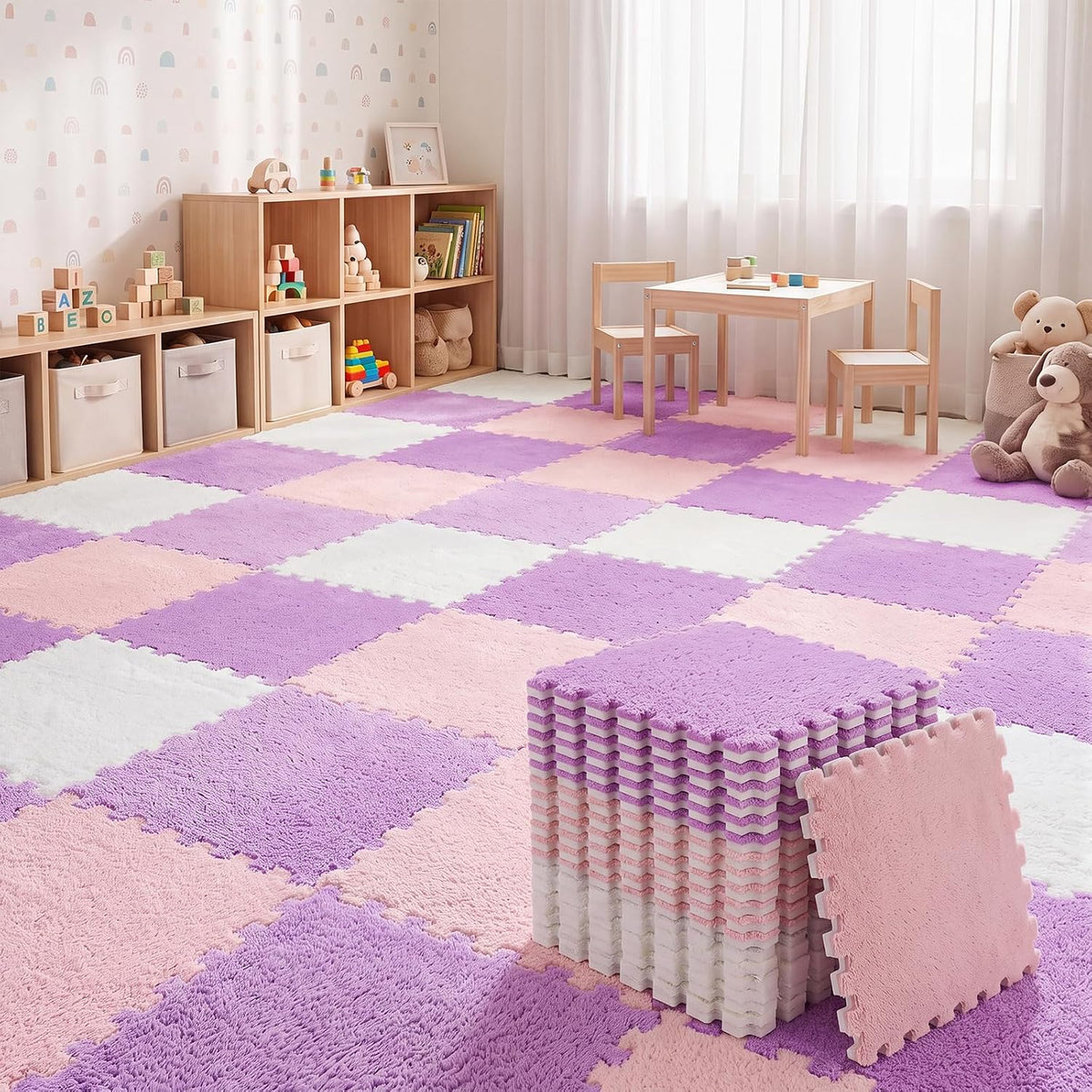 Amylove 18 Pcs Plush Foam Interlocking Carpet Tiles, Beige, Pink - Beige, Light Pink, Mauve