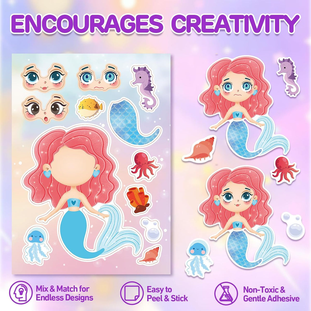 30 Unicorn Make-a-Face Sticker Sheets for Kids – Fun for Kids & Family - Mermaid - image 3