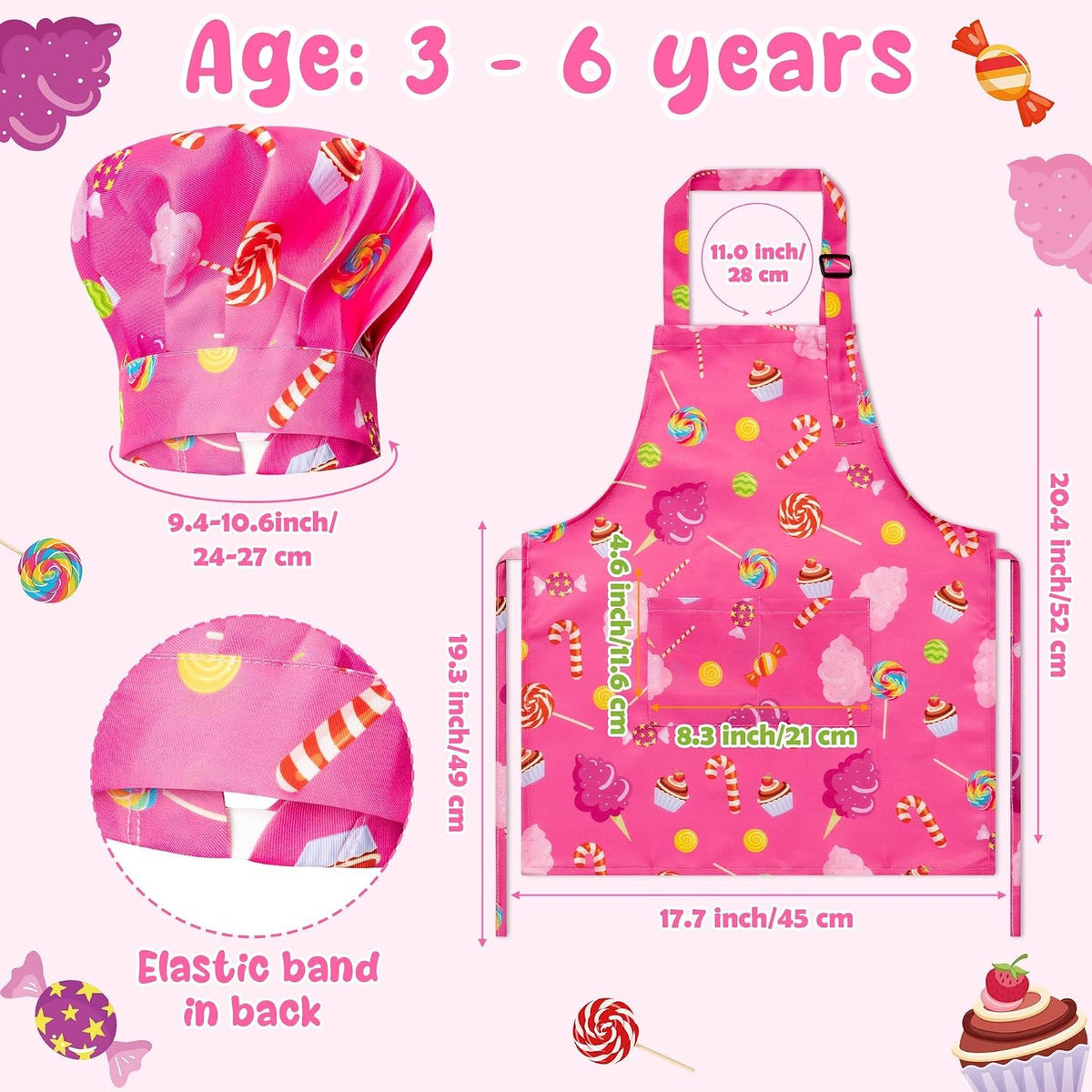4Pcs Kids Apron and Chef Hat Set Gift for Girls Boys - Pink Cookie Candy - image 2