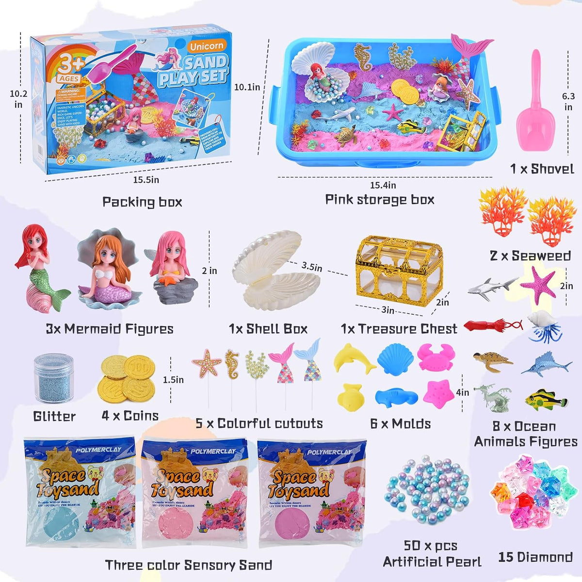 Volmop unicorn sensory bin with sandbox, colored play sand, castle molds and unicorn decorations - view 5