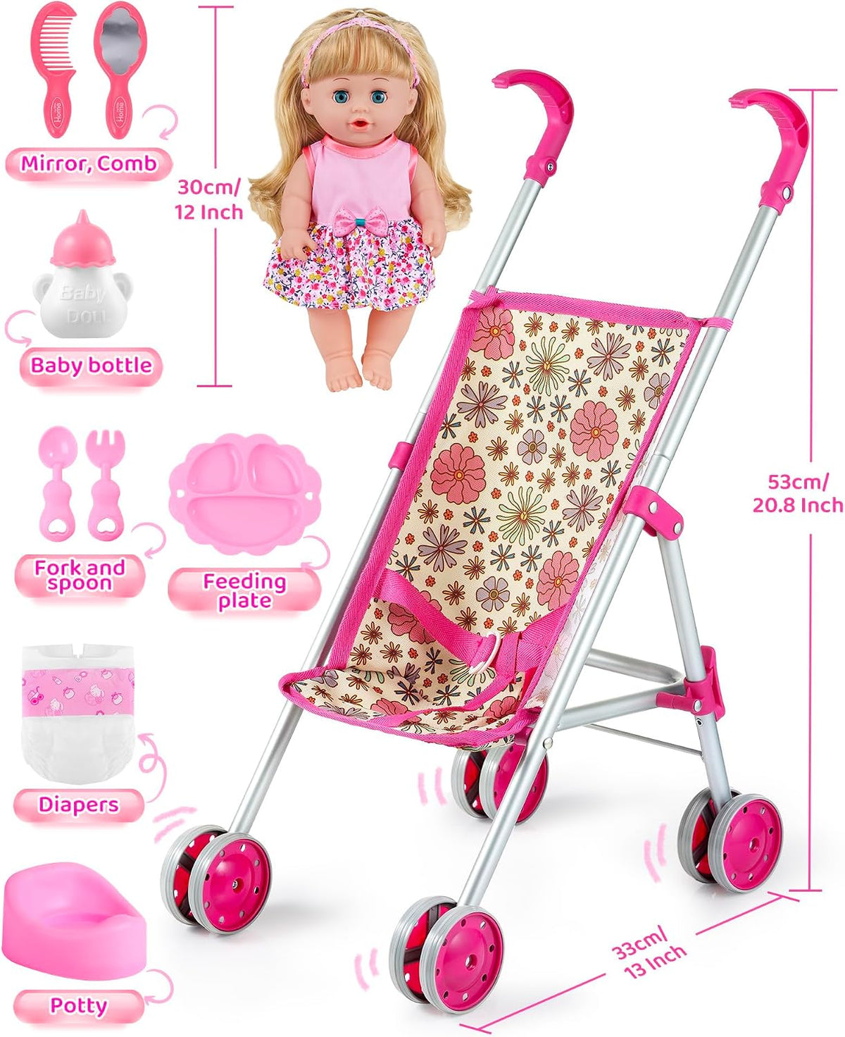 GAGAKU foldable baby doll stroller with 12 inch doll and care accessories - view 7