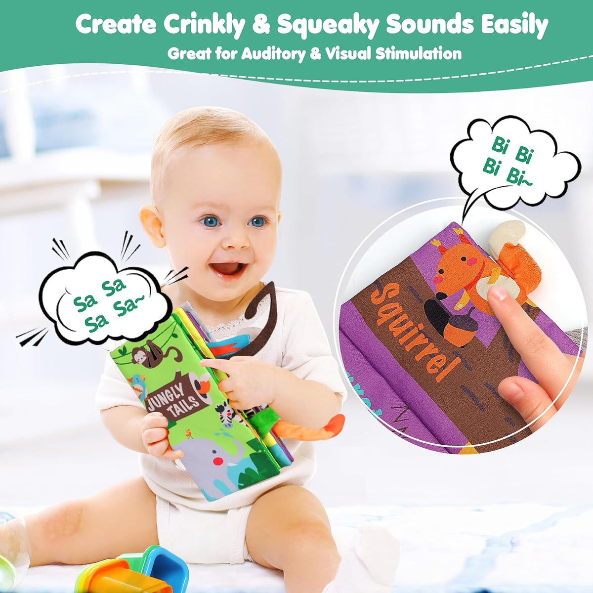 beiens Baby Books Toys, Tummy Time Touch and Feel Sensory Toys for Infant – Fun for Kids & Family - Jungle Tails-1 Book - image 4