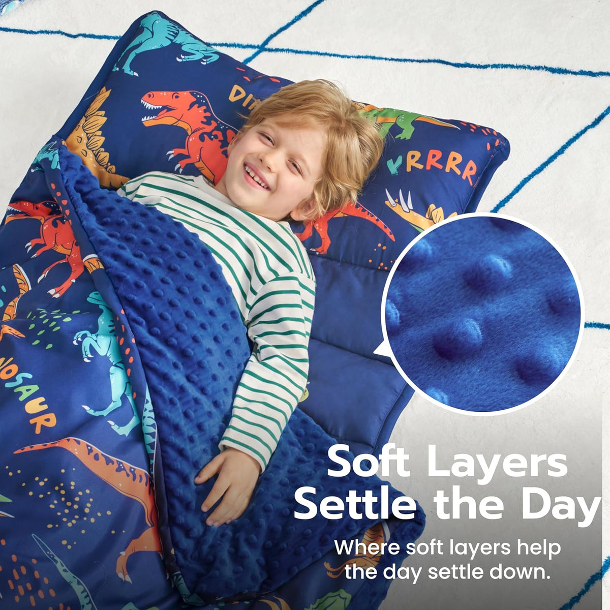 JOIEDOMI Toddler Nap Mat with Removable Pillow and Minky Blanket - Colorful Dinosaur - image 2