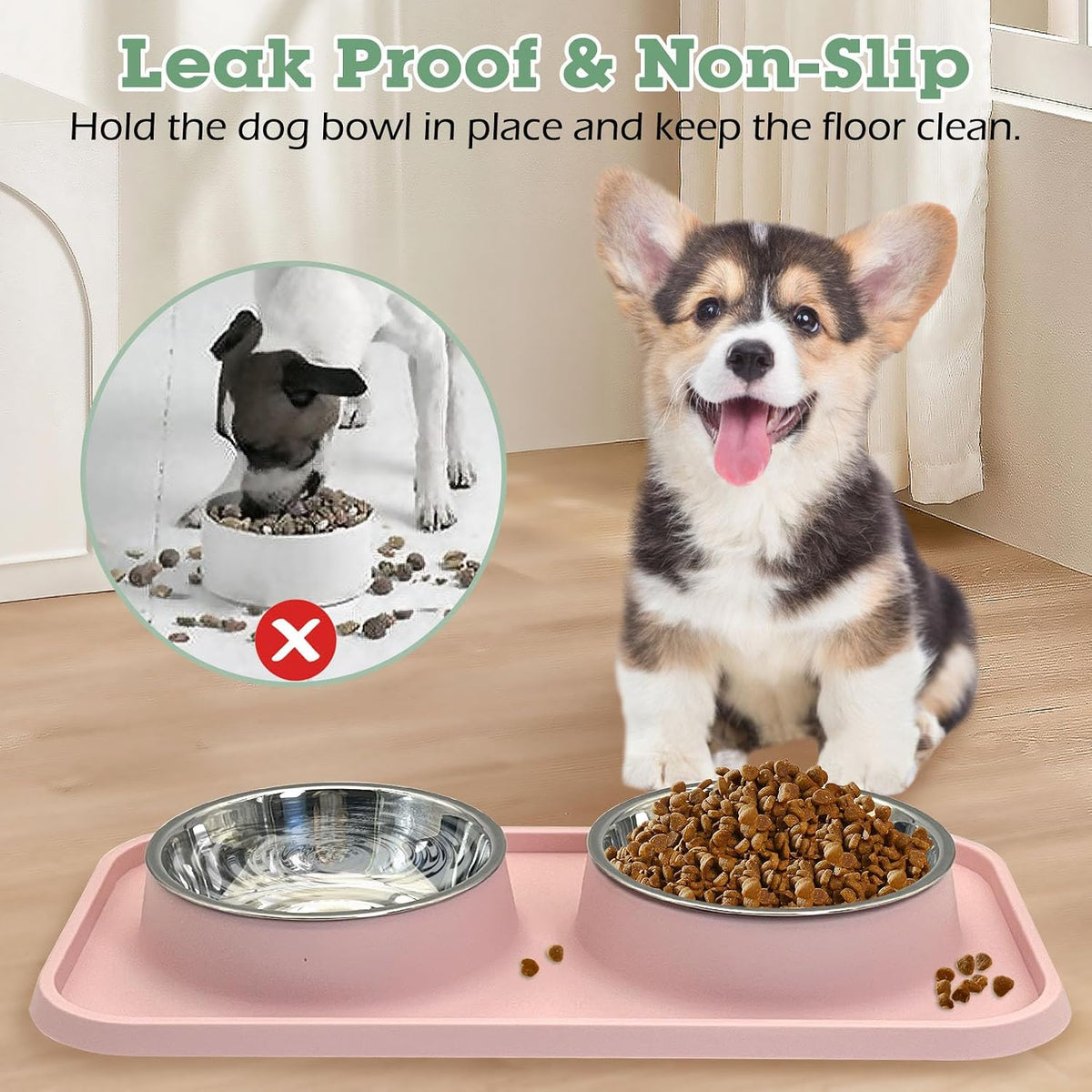BNOSDM Double Dog Food Bowls Stainless Steel Dog Food and Water Bowls - Dark Green【Set of 1】 - image 2
