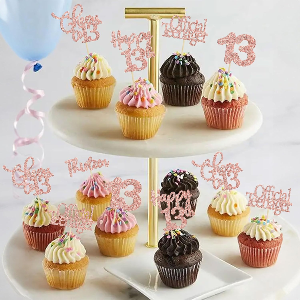 30 Pack Happy 80th Birthday Cupcake Toppers Gold Glitter Eighty - 13th / Rose Gold - image 4