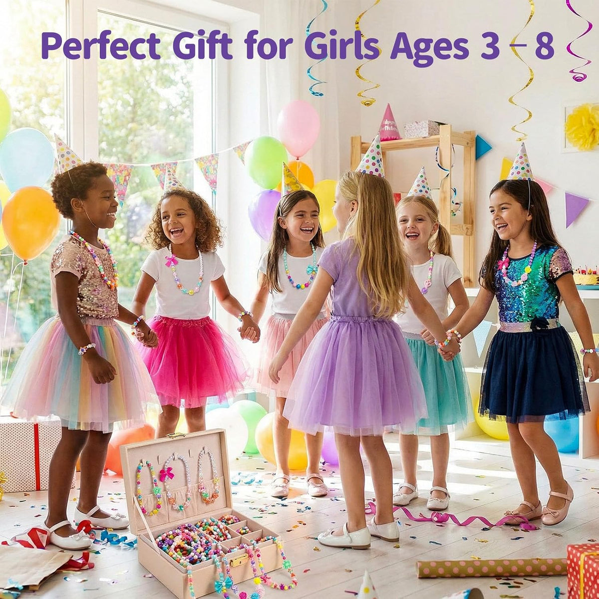 BigOtters 6 sets of girls bead necklaces and bracelets with heart, flower and star beads - view 2
