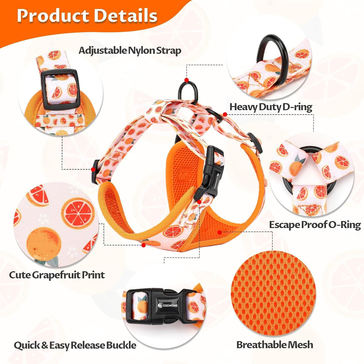 Dog Cat Harness and Leash Set - Grapefruit / M (Neck 13.4"-16.5"; Chest 17.7"-23") - image 3
