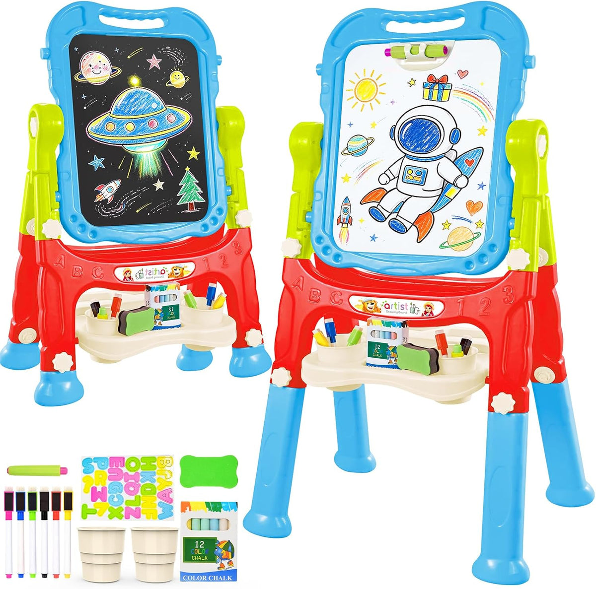 Amagoing Easel for Kids, Adjustable Standing Art Easel for Toddler, Double Side White Chalk Board - Blue