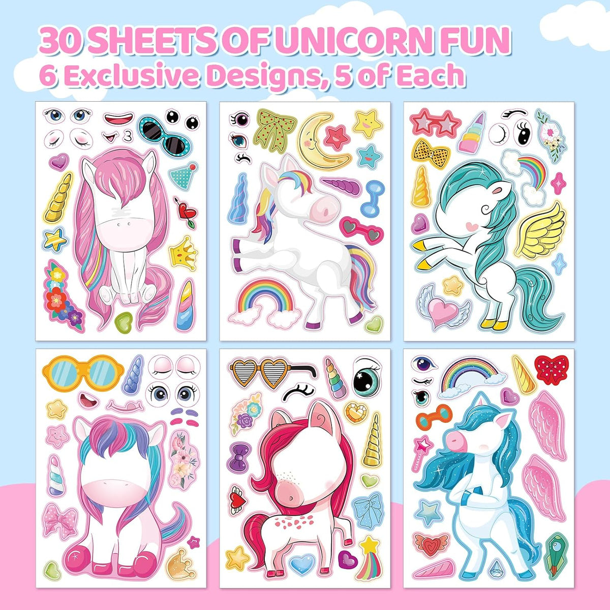 30 Unicorn Make-a-Face Sticker Sheets for Kids – Fun for Kids & Family - Fantasy Unicorn - image 2