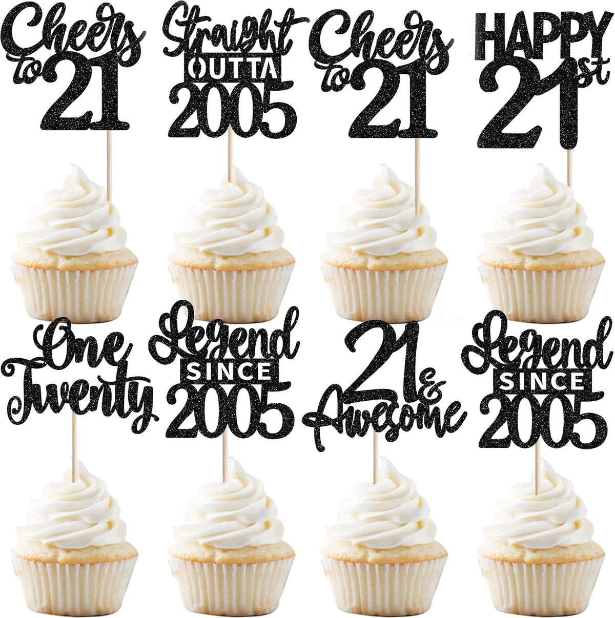 24PCS Black Happy 50th Birthday Cupcake Toppers Fifty Straight Outta - Black / 21st