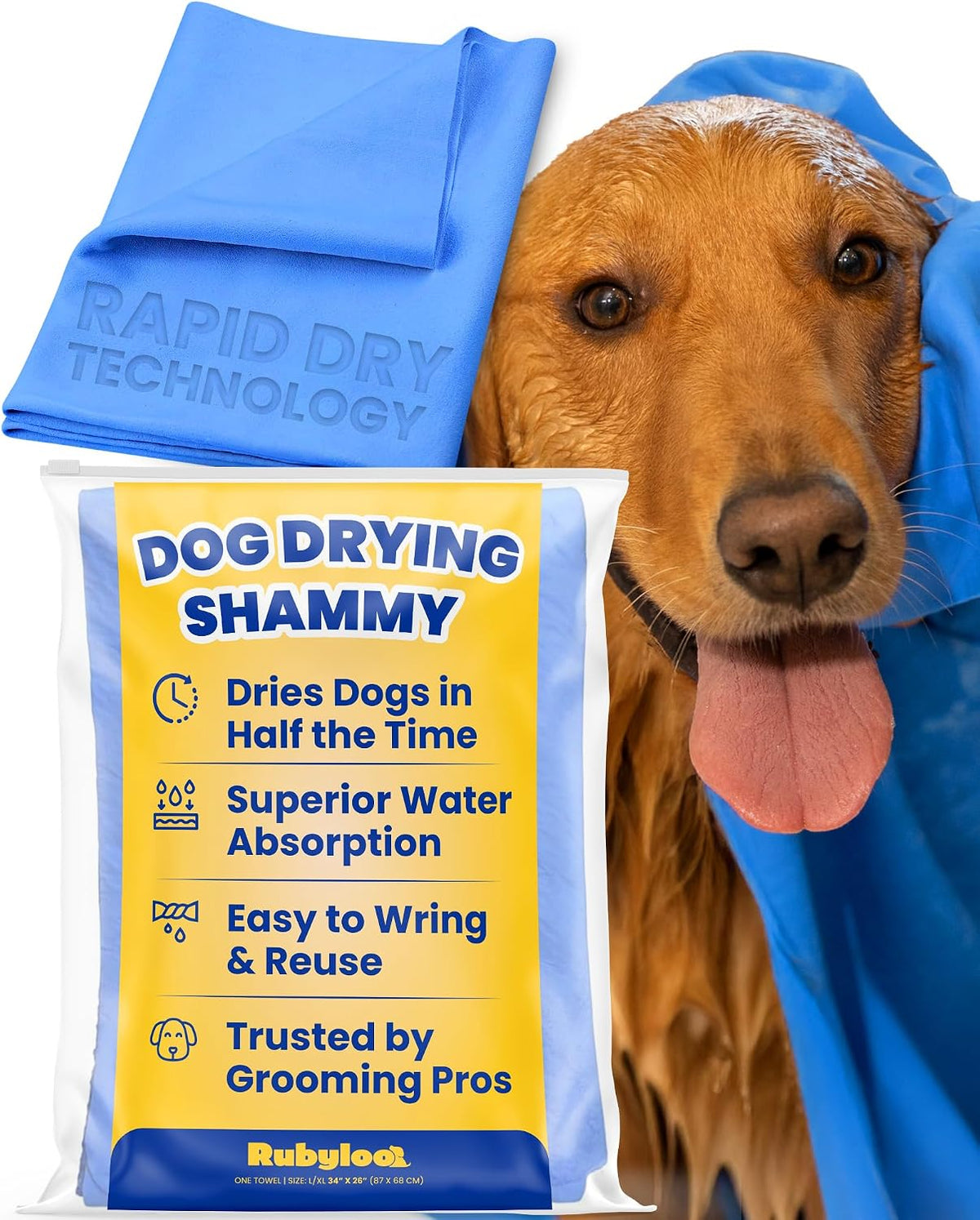 Shammy Dog Towel for Drying Dogs Large, Ultra Absorbent - 34" x 26"/1 Pack / Blue