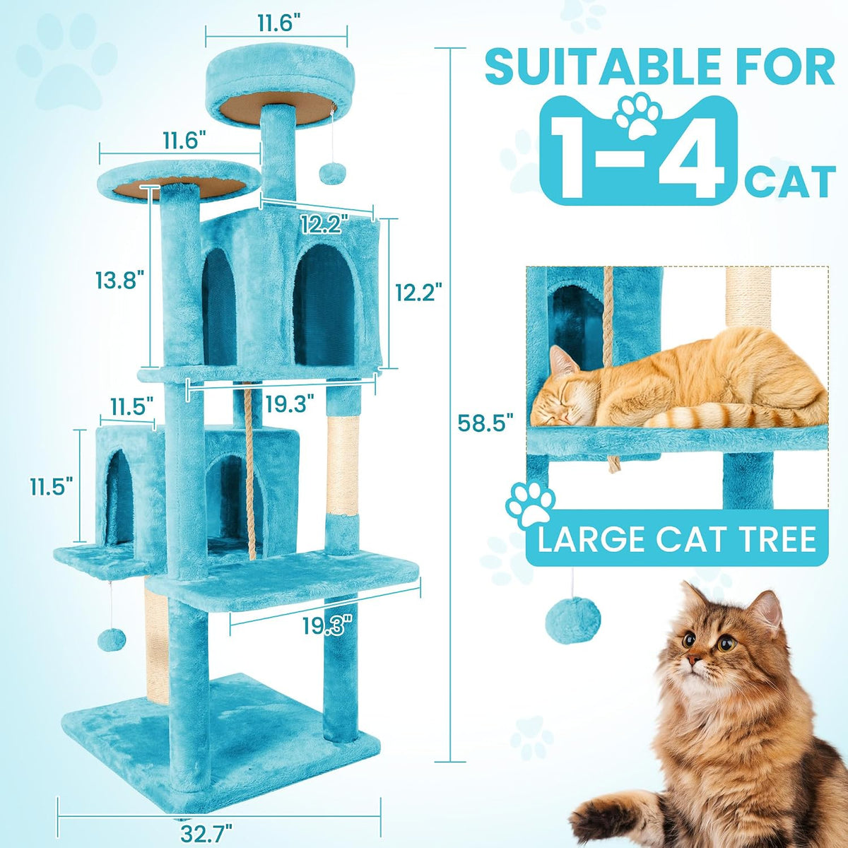 58.5inch Large Cat Tree Tower Condo for Indoor Cats - 58.5in / Peacock blue - image 3