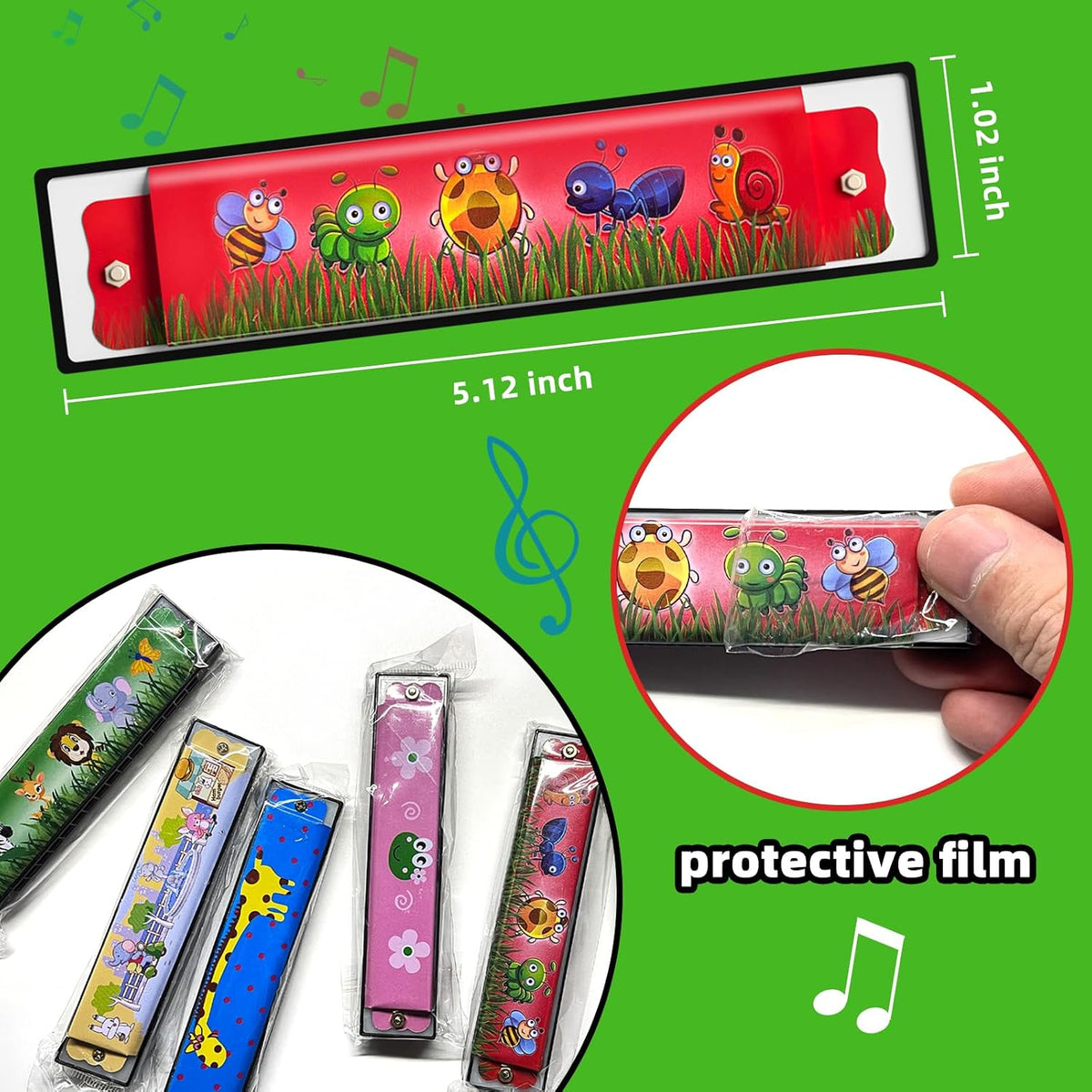 Wholelovein kids harmonicas, 20 colorful double row harmonicas with cartoon animal prints - view 4