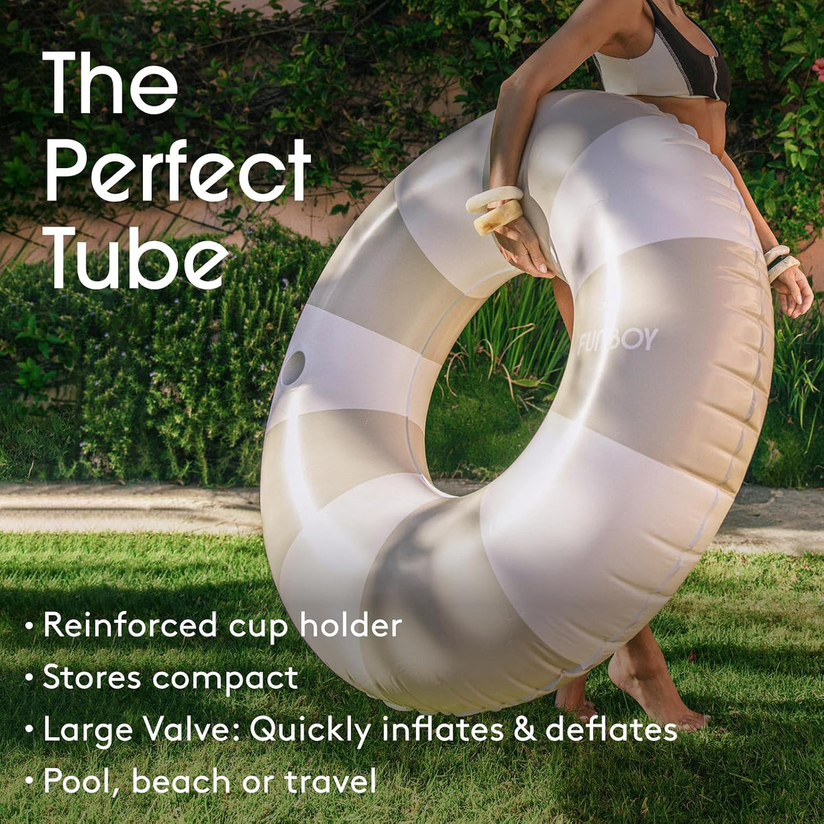 FUNBOY Giant 46" Vintage Pink Stripe Pool Tube Float with Cup Holder – Fun for Kids & Family - Mocha Brown - image 3