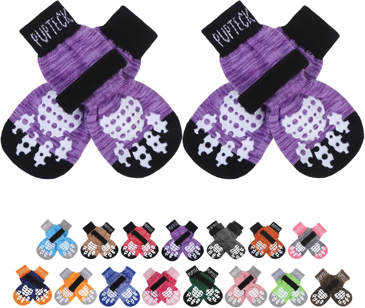 PUPTECK Anti-Slip Dog Socks with Double Sides Grips for Small Medium - Purple / Medium (4 Count)