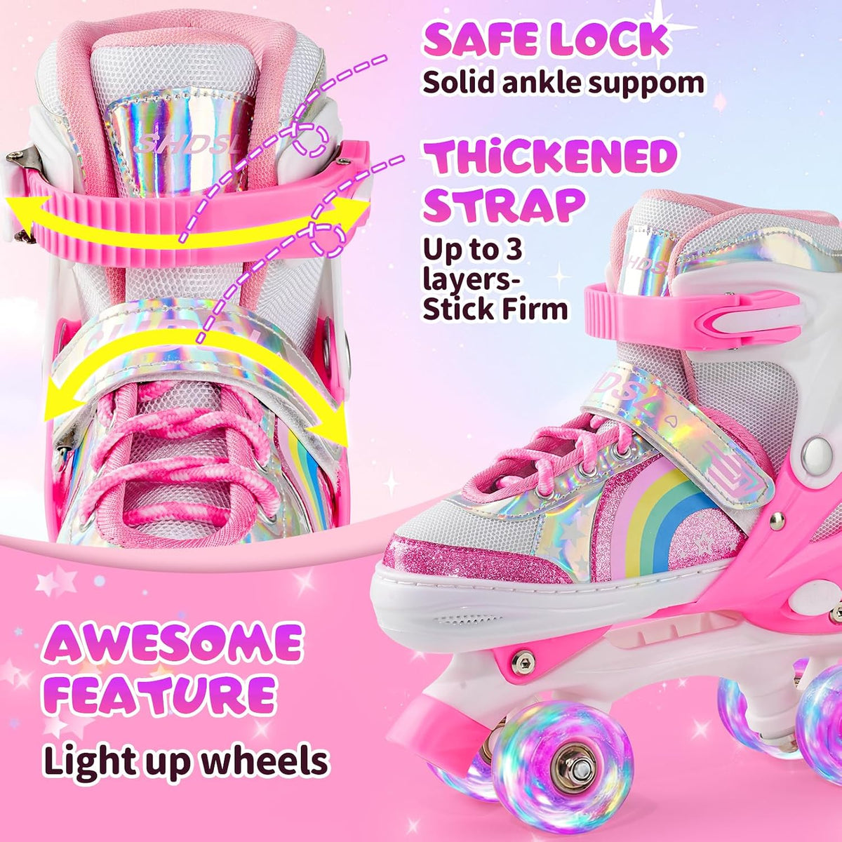 SHDSL pink rainbow light up adjustable roller skates for girls - view 17