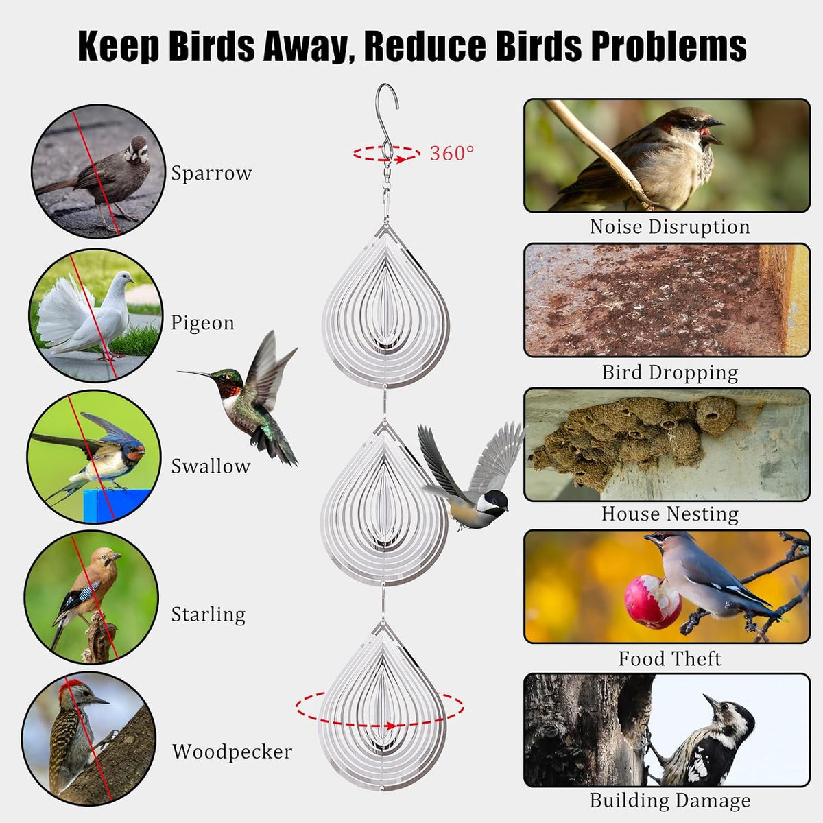 ToBeAce stainless steel bird deterrents, silver 3D reflective wind spinners - view 5