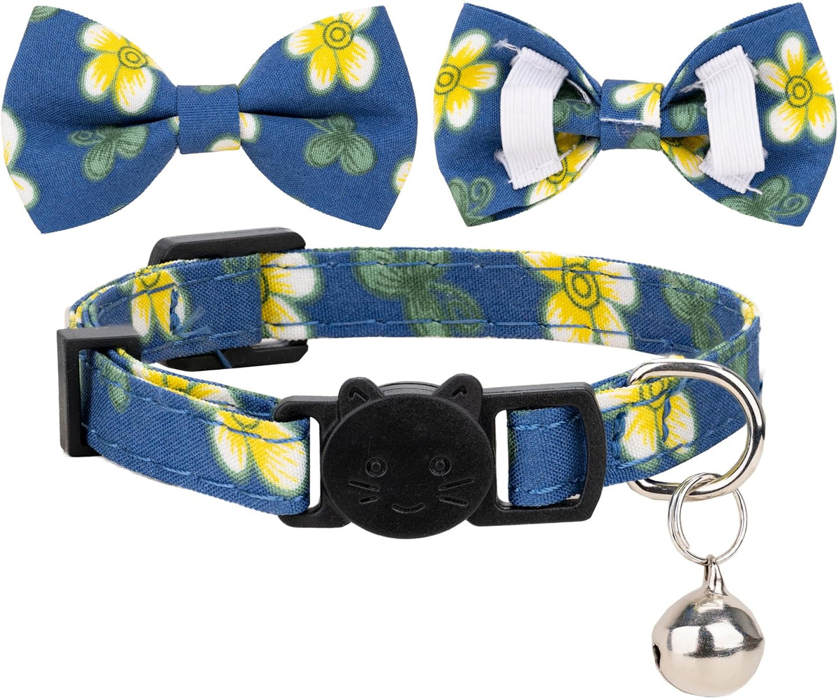 Collar for Cat Pet Breakaway with Bell Bowtie Detachable Bow - Flower-Blue & Yellow - image 3