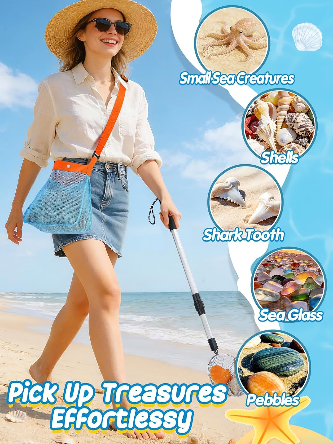 2 Pack 21.6"~33" Adjustable Sand Sifter with Seashell Bags for Adults - 1 Pack - image 4