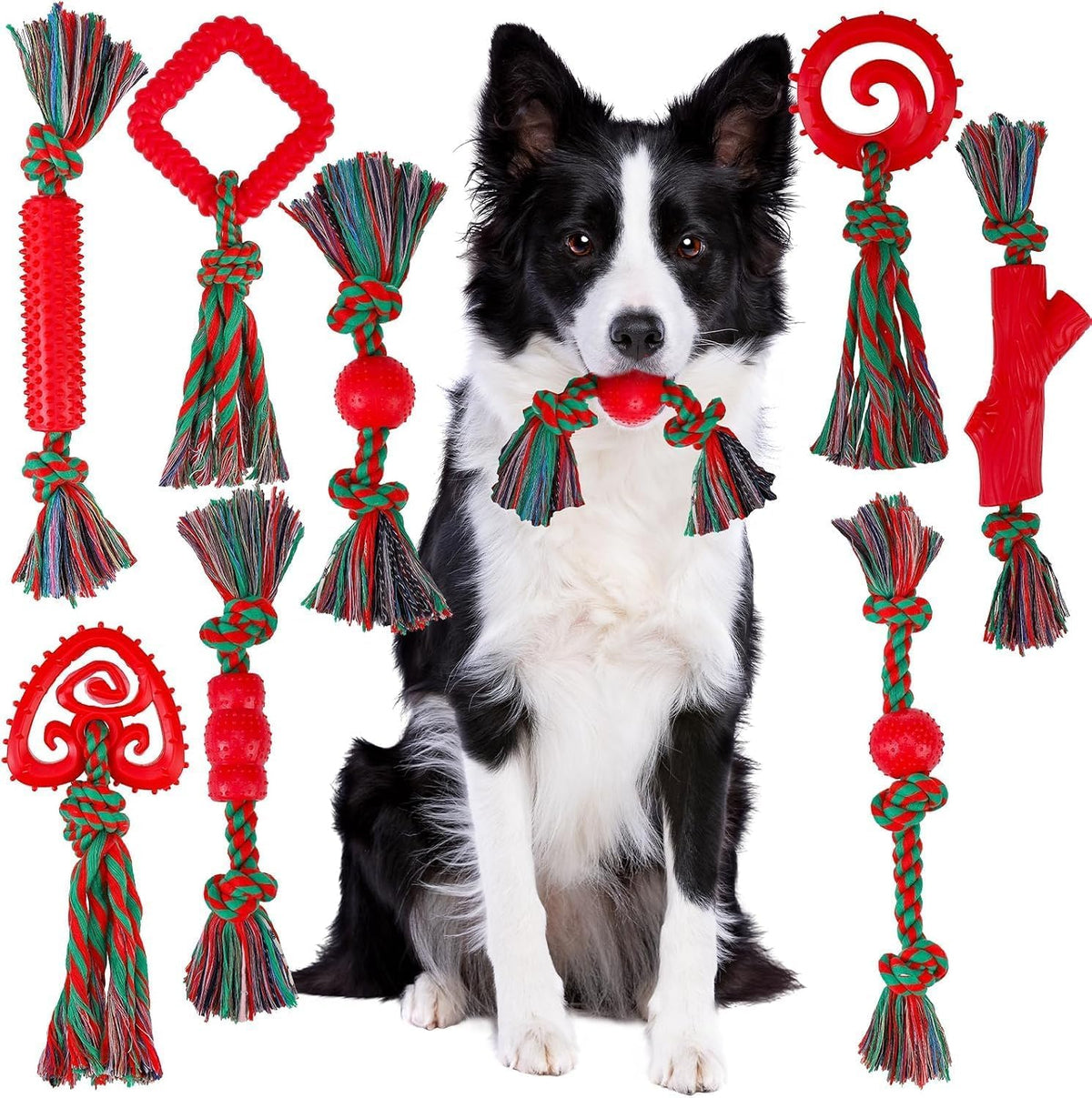 BINGPET 8 Pack Halloween Dog Cotton Rope & Rubber Chew Toys – Essentials for Dogs - Christmas Red