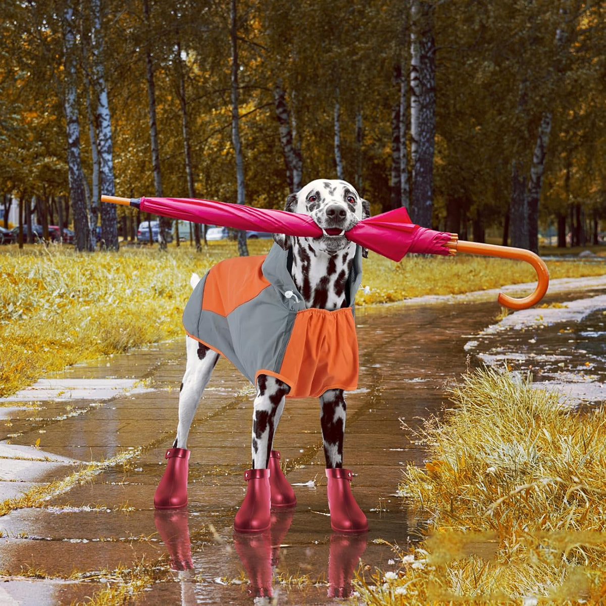 Hooded Dog Raincoat, Reflective Large Dog Rain Poncho - Medium / Orange - image 4