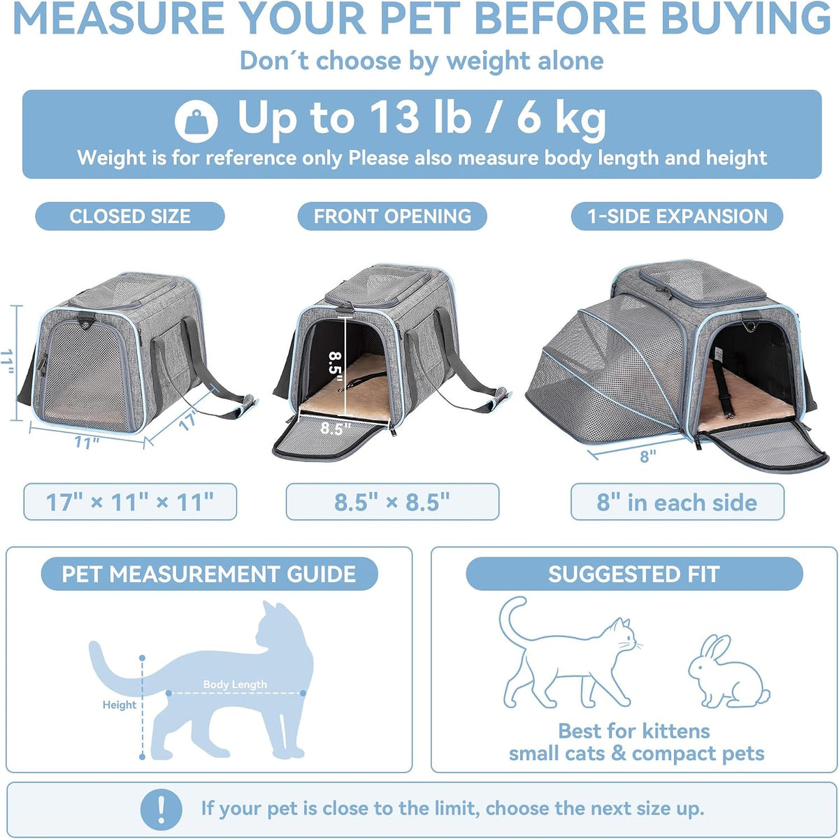 Petsfit Medium Expandable Cat Carrier for Air Travel - 17.0"L x 11.0"W x 11.0"H / Light Gray - image 2
