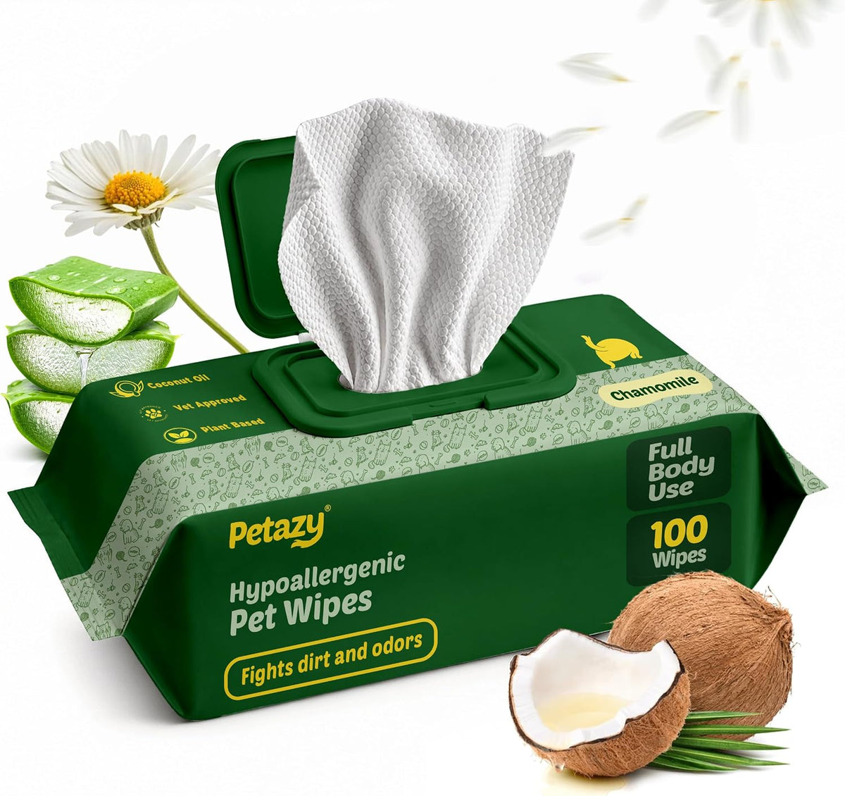 Pet Wipes for Dogs & Cats, Paws, Ears & Butt Cleaning - Chamomile / 100