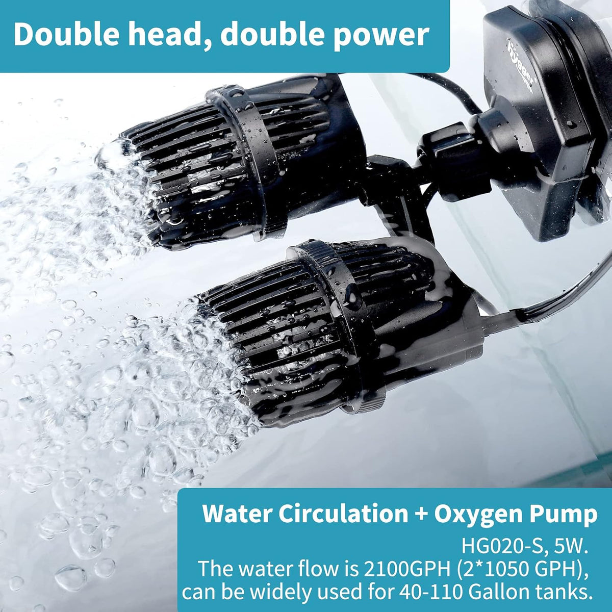 hygger 2100GPH Double Head Aquarium Wave Maker - 2100GPH 5W, for 40~110Gal - image 3