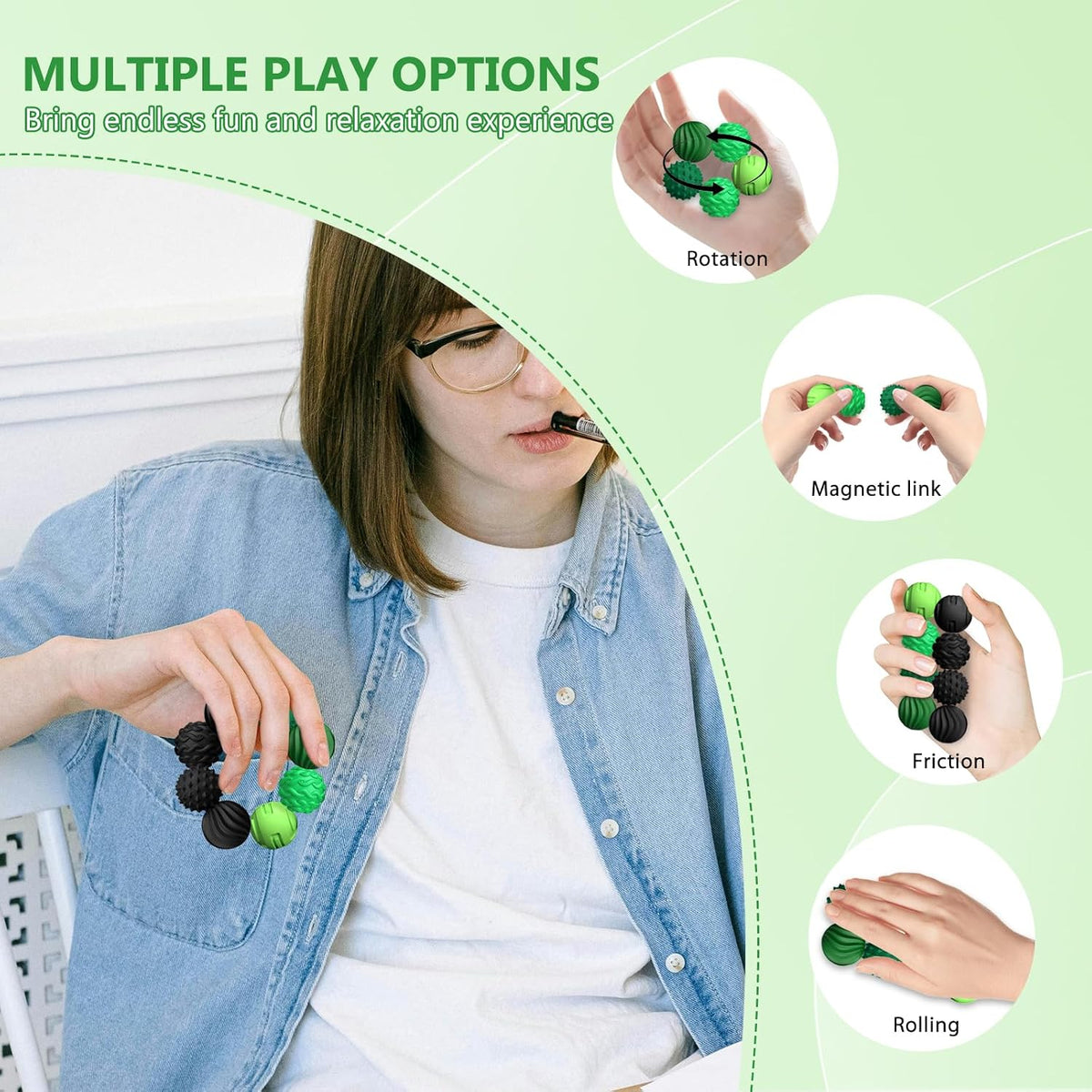 DGMDGS 8 silicone magnetic fidget balls in black and green textures - view 9