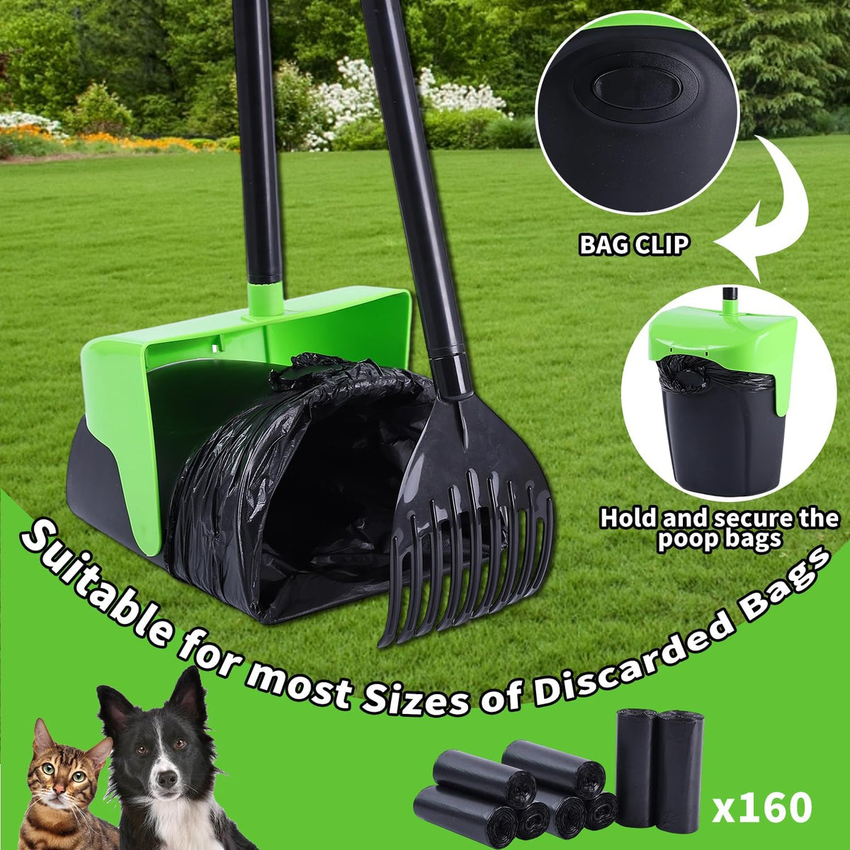 Pooper Scooper Large Swivel Bin & Rake with 160 Waste Bags - Green1 - image 3