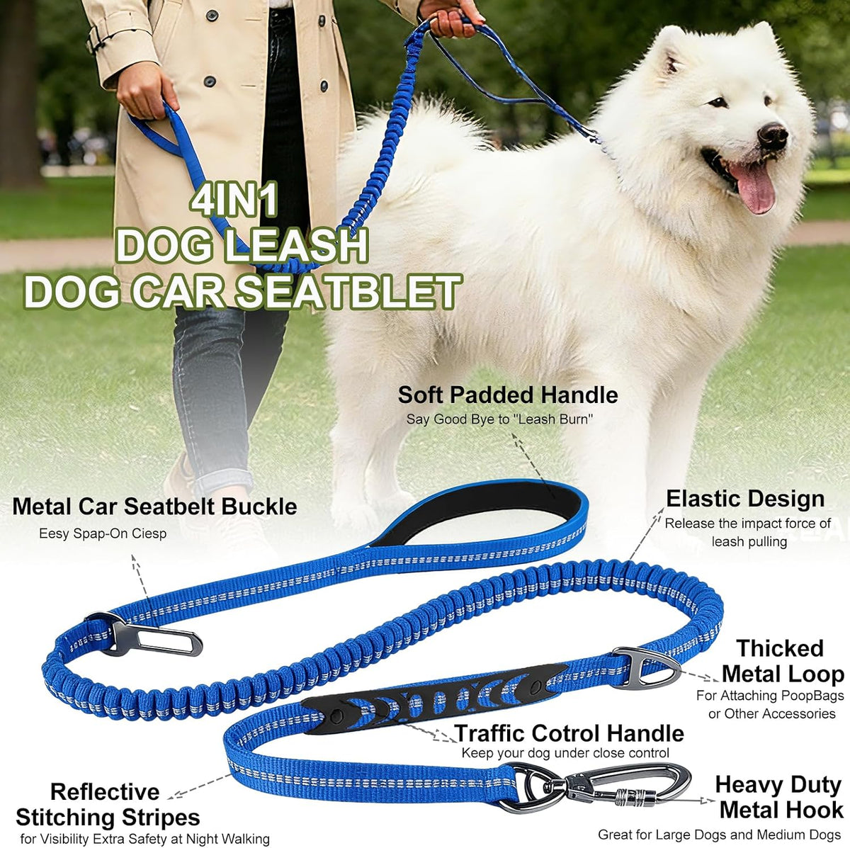 Dog Leash Heavy Duty, Bungee Leash Reflective Car Seat Belt for Dogs Brown – Essentials for Dogs - Blue - image 4