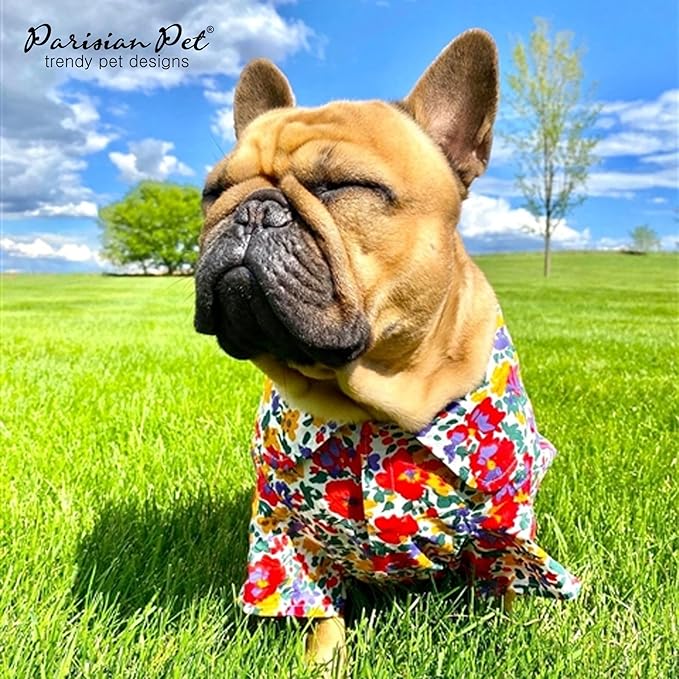 Parisian Pet Floral Pattern Cotton Shirt - Summer Beach Outfit for Small Dogs - Hook and Loop Closure, Machine Washable - Size S