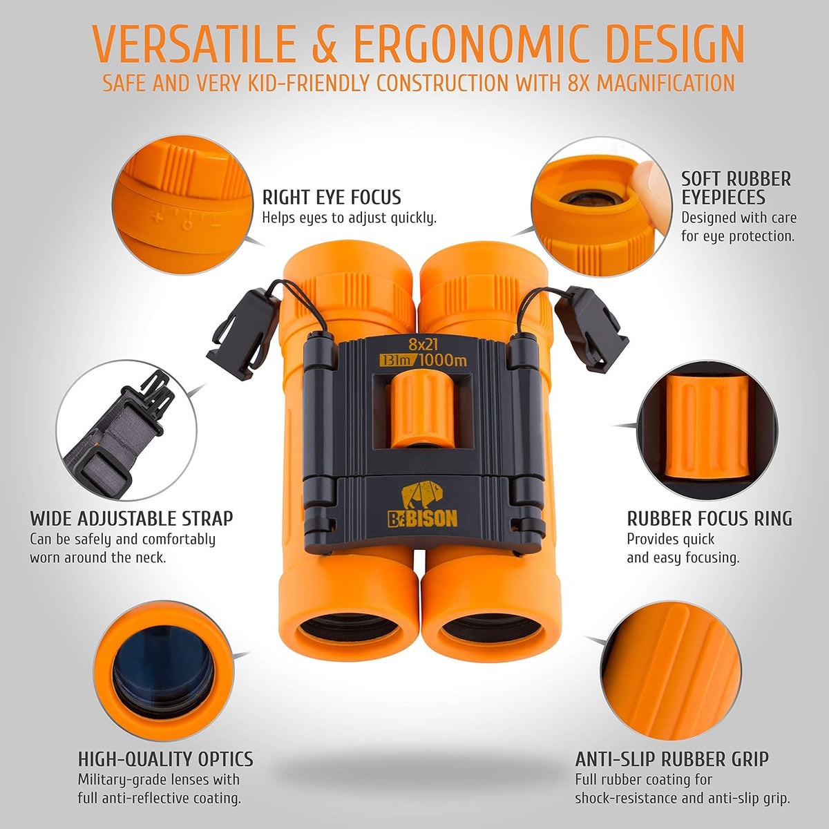 BeBison Binoculars for Kids, 8x21 High Resolution Real Optics - Orange - image 3