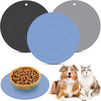 3 Pieces Silicone Pet Food Mat Feeding Mat for Dog and Cat Bowl - Blue, Gray, Black / 9.5 Inch